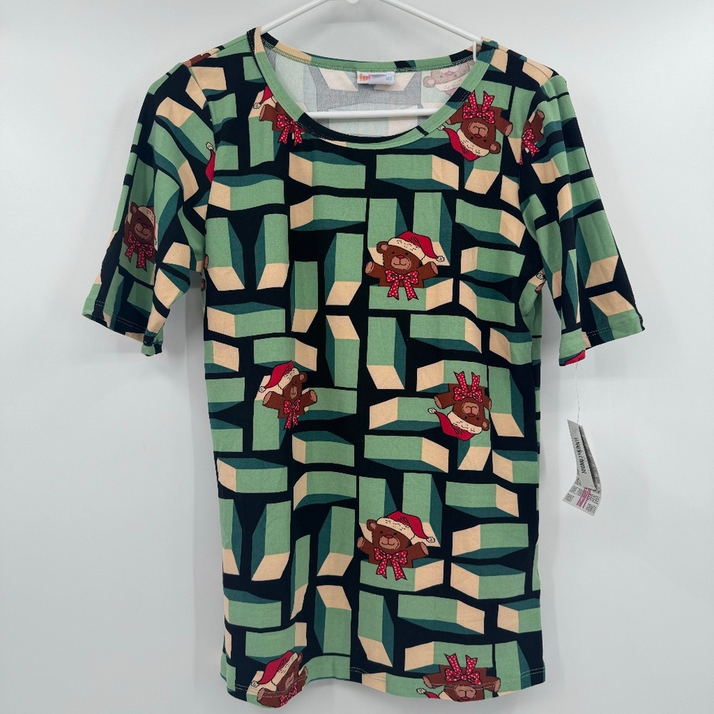 Lularoe Top Women Medium NEW Green Gigi Christmas Bear Short Sleeves Stretch